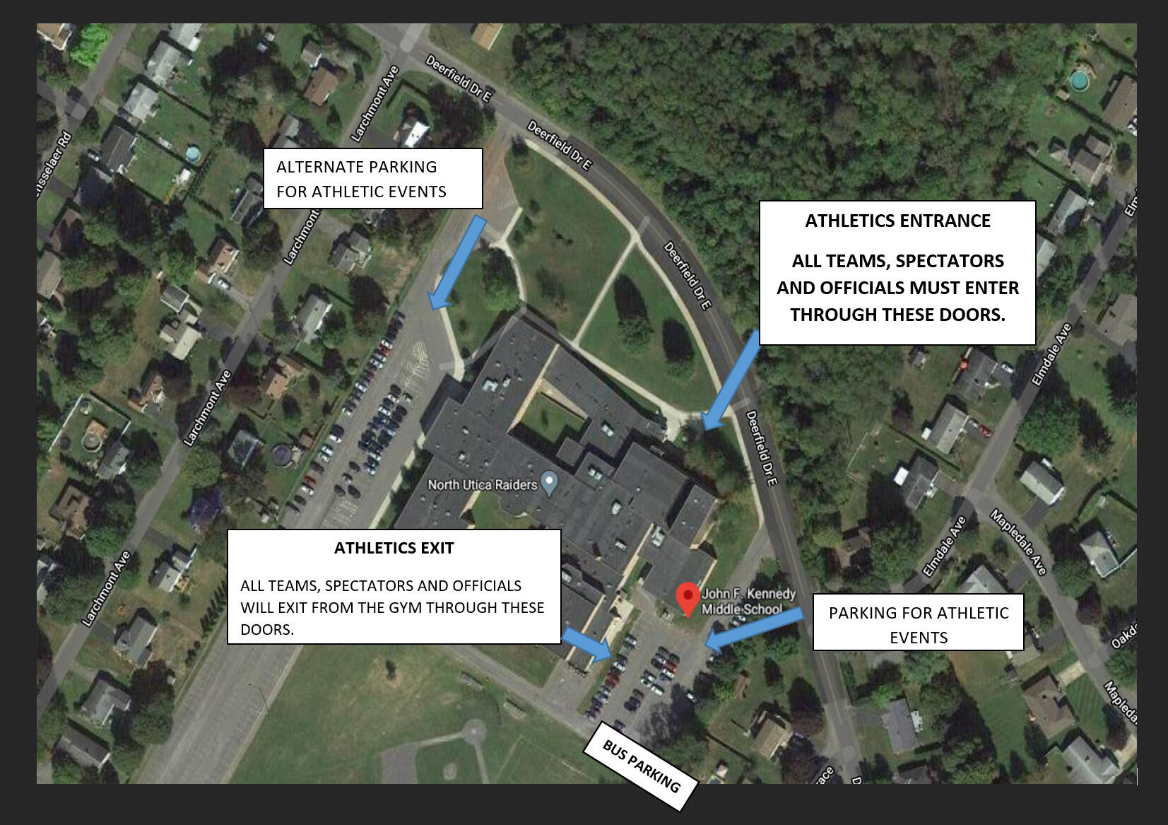 JFK အလယ်တန်းကျောင်းမှာ ကားရပ်ခြင်းရဲ့ မြင်ကွင်းမြေပုံ